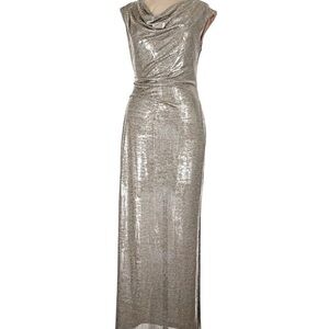 Floor-Length Metallic Champagne Formal Gown w/ Cowl Neck and Slit (4P)